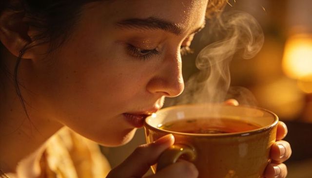 Young woman savoring steaming mug in warm cozy interior with soft bokeh light and golden tones