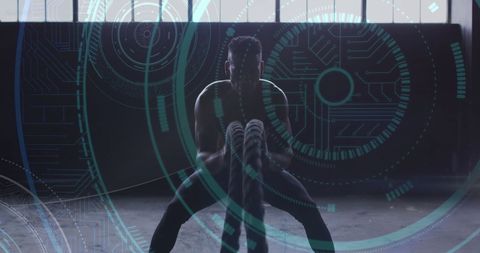 High-Tech Fitness: Man Exercising with Futuristic Digital Overlay