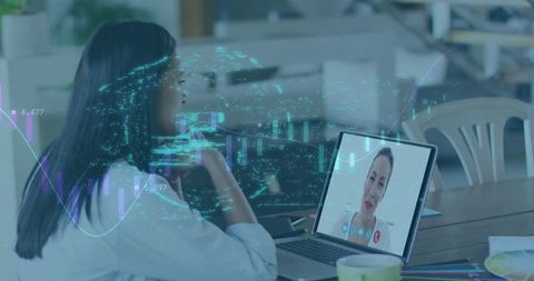Businesswoman video conferencing with security overlay elements