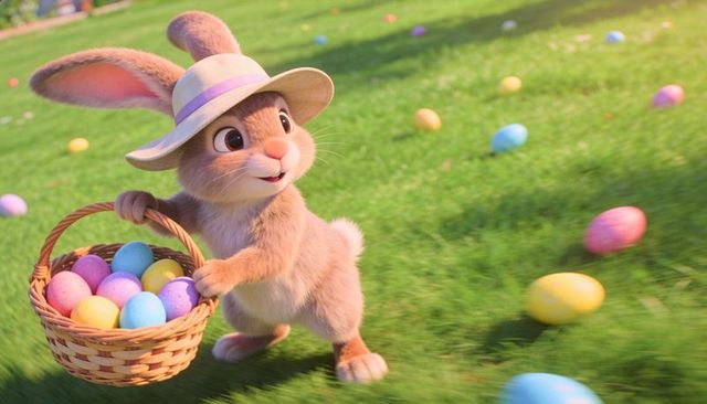 Joyful easter bunny carrying colorful eggs in sunlit meadow wearing purple-banded straw hat