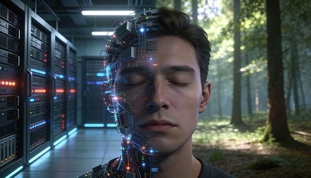 Man merging with cybernetic interface between datacenter racks and sunlit forest