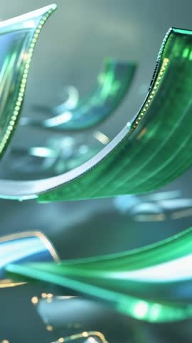 Vertical video approaching glowing green ribbons flowing in futuristic studio with dotted edge glow