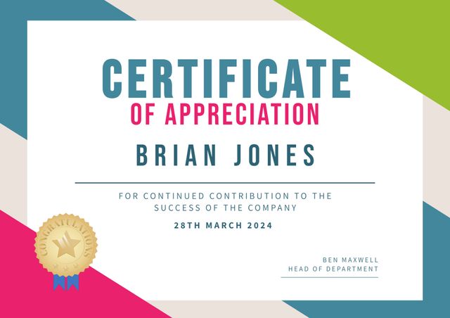 This image depicts a professionally designed certificate of appreciation with gradient colors on a white background. Suitable for businesses and institutions to recognize and celebrate employee accomplishments. Ideal for recognition events, award ceremonies, and graduation certificates.