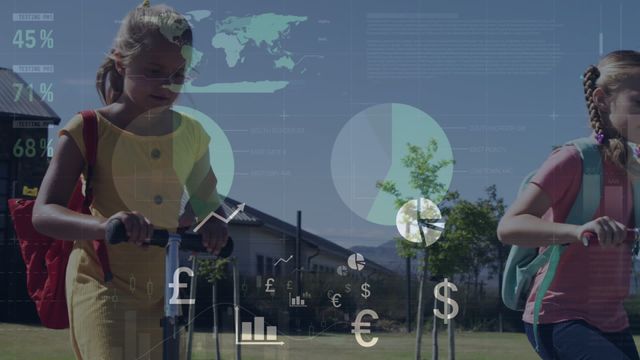 Visual showing schoolchildren with financial data overlay highlights potential for financial education or global business discussions involving youth. Suitable for educational materials, financial awareness campaigns, or global data processing concepts.