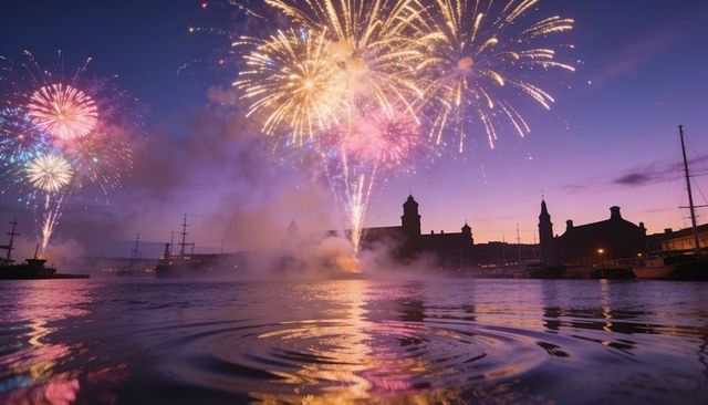 Twilight harbor fireworks celebration creating vibrant color reflections on calm water