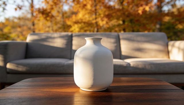Matte white ceramic vase on wooden coffee table with outdoor sofa and autumn foliage decor