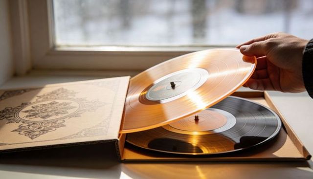 Right hand lifting translucent amber vinyl record from ornate cardboard sleeve by sunlit window