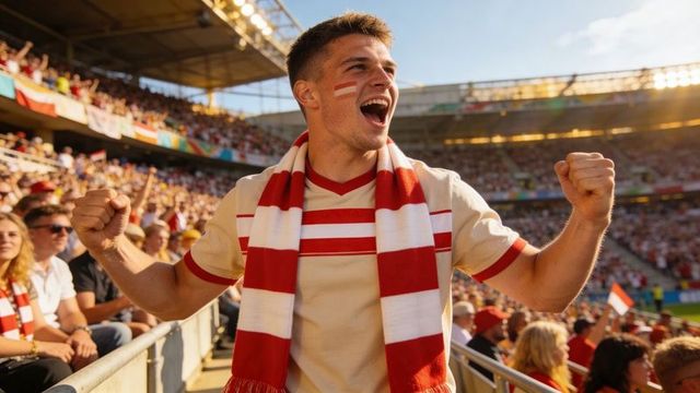Young male football fan cheering with red and white scarf and face paint in stadium