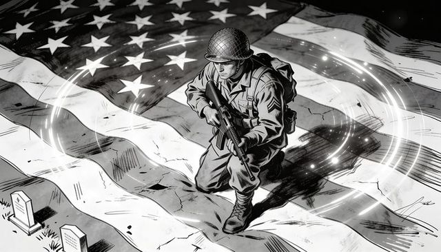 Kneeling soldier holding rifle on american flag at military cemetery remembering fallen