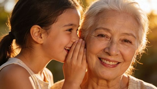 Grandmother smiling while granddaughter whispering secret in warm golden garden light