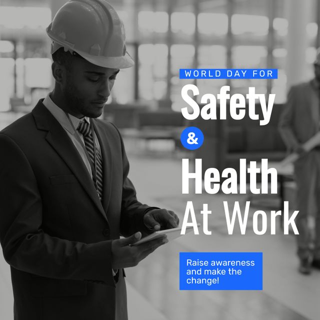 World day for safety and health at work text, biracial male architect in safety hat. Health and safety at work and building site concept digitally generated image.
