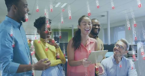 Diverse Team Collaborating with Digital Interface in Background