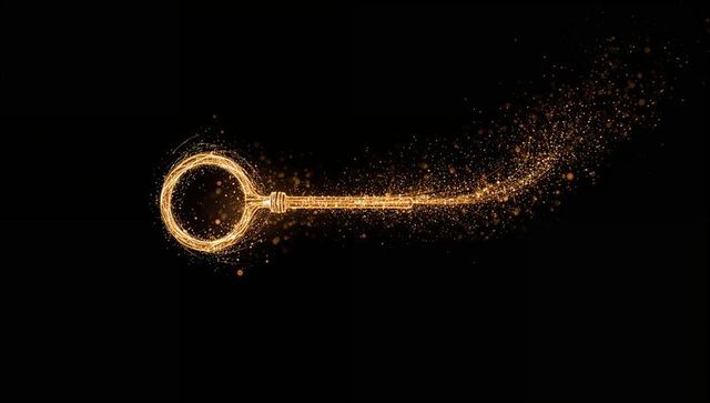 Golden spark ring and key trail comet of glittering particles on deep black canvas