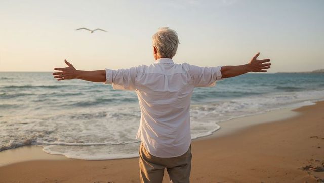 Senior man embracing open arms on sandy beach at sunset with seagull overhead