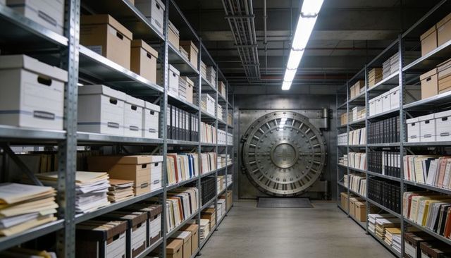 Guarding archive vault with organized records, metal shelving and heavy steel vault door