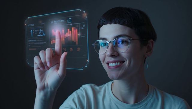 Woman in glasses using interactive holographic technology