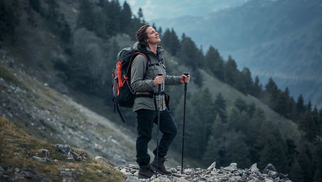 Hiker pausing on alpine ridge with orange backpack, trekking poles, overcast mountain view