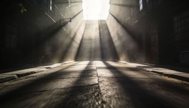 Sunlight shafts casting leading lines on empty urban ramp rising toward bright opening