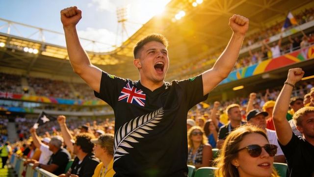 Young fan cheering in black jersey with silver fern and union jack at sunset stadium