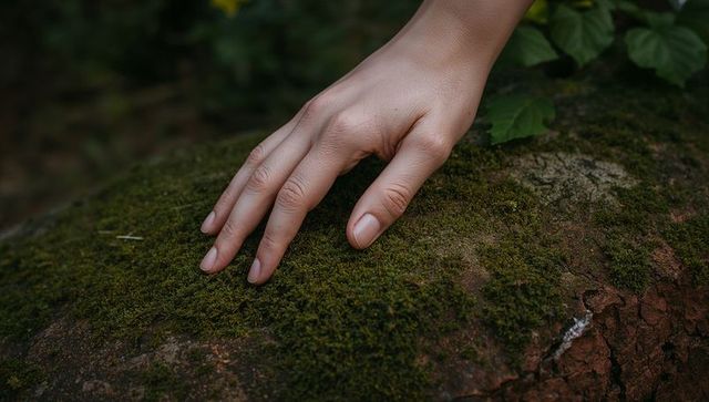 Female hand touching soft moss on forest rock close-up fingertips texture nature