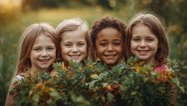 Smiling multiracial children peeking behind autumn foliage in sunlit meadow, playful pals