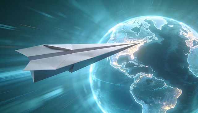 Paper airplane flying toward glowing earth with night lights representing global connectivity