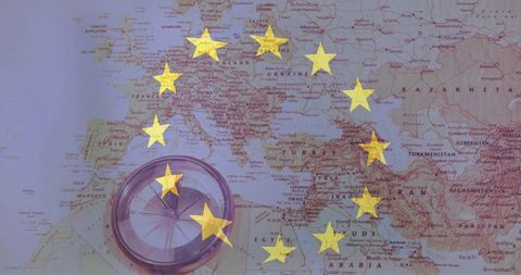 Eu compass concept showing stars ring overlaying europe north africa and western asia map