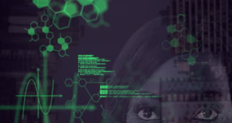 Digital Data Overlays Over Biracial Woman in Futuristic Setting