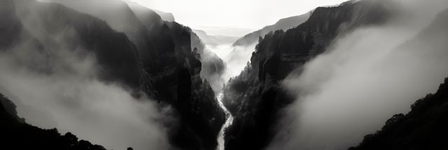 National park with river and mountains in black and white, created using generative ai technology. National park, landscape, scenery and beauty in nature concept digitally generated image.