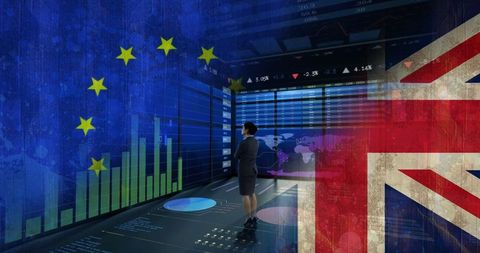 Businesswoman Analyzing Data Amid EU and UK Symbolic Graphics