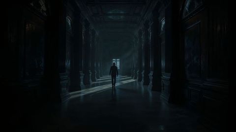 Silhouette prosecutor in historic hallway with dramatic light beams
