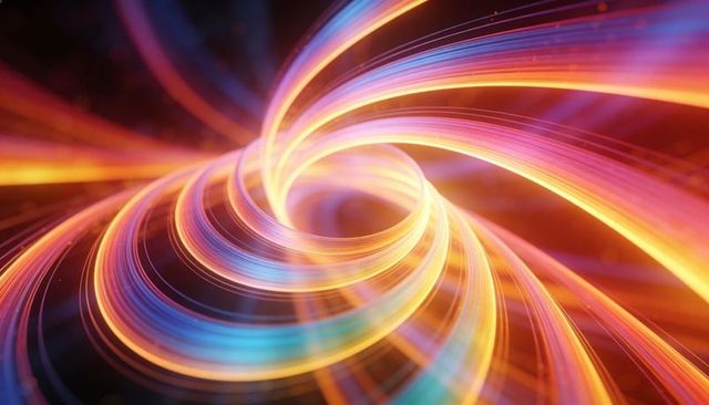 Neon light vortex spiral featuring swirling energy ribbons and futuristic motion flow