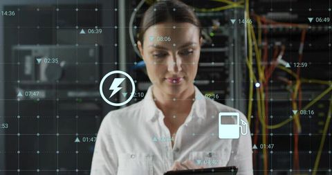 Woman technician monitoring servers on tablet with energy and fuel overlays in data center