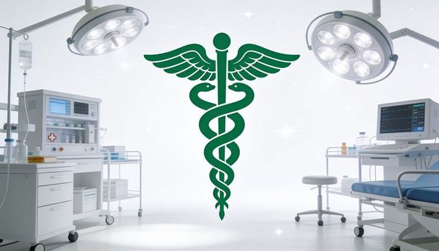 Green caduceus emblem floating in sterile high-tech operating room with surgical lights