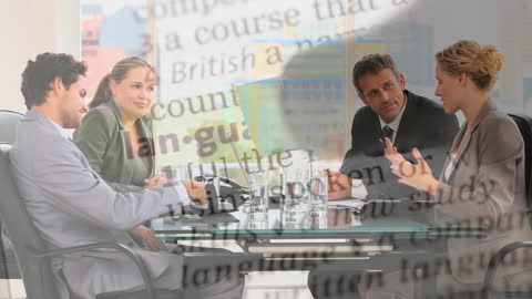 Business Team Discussing in Office with Data Overlay