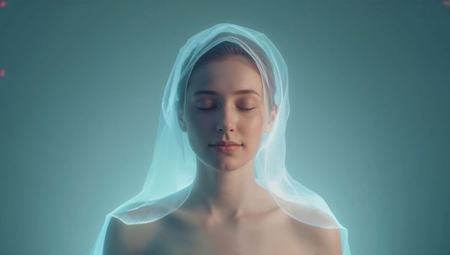 Serene woman with translucent veil, soft teal halo and pink bokeh, meditative portrait