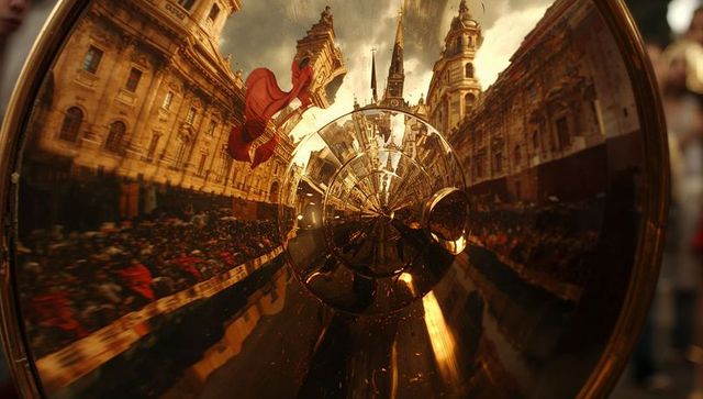 Golden tuba bell reflecting ornate city facades and parade crowd with red banner, fisheye