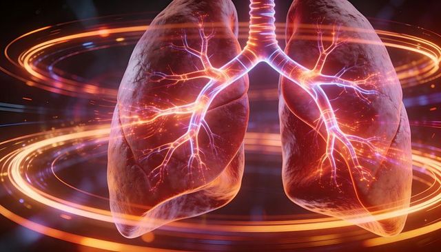 Futuristic 3d lungs with glowing bronchioles rotating in neon pulmonary visualization ai