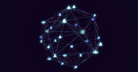 Futuristic glowing digital network sphere with icons