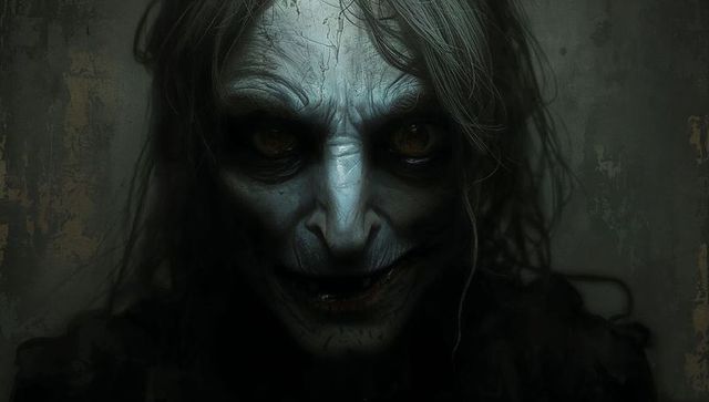 Gaunt cloaked creature staring with yellow eyes and crooked smile in dark cracked room