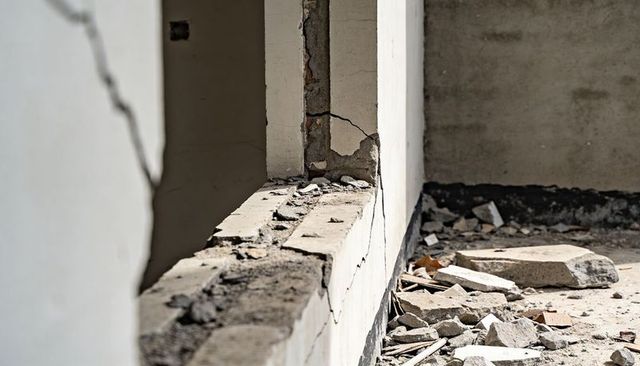 Crumbling concrete sill revealing rubble and cracked plaster in abandoned interior