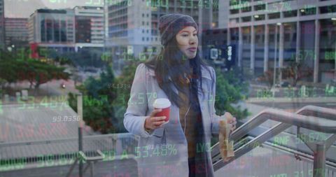 Asian Woman Walking with Coffee Amidst Digital Stock Overlay