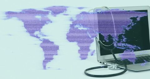 Global digital health concept with stethoscope on laptop and glitch world map overlay