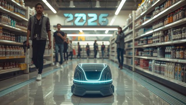 Autonomous delivery robot gliding down supermarket aisle with glowing blue led lights