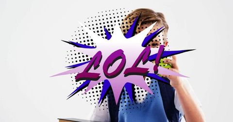 Teen Boy Eating Apple with Comic LOL Graphic Over Books