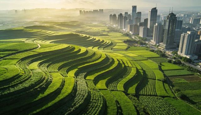 Terraced green farmland flowing into urban skyline with curved planting rows and towers