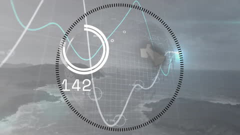 Abstract Financial Data Animation Over Coastal Landscape
