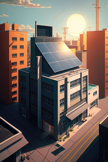 This image highlights a modern building equipped with solar panels on the rooftop, set against an urban backdrop during sunset. Useful for illustrating topics related to sustainable energy, renewable energy solutions, eco-friendly practices in urban planning, modern architecture, and city development.
