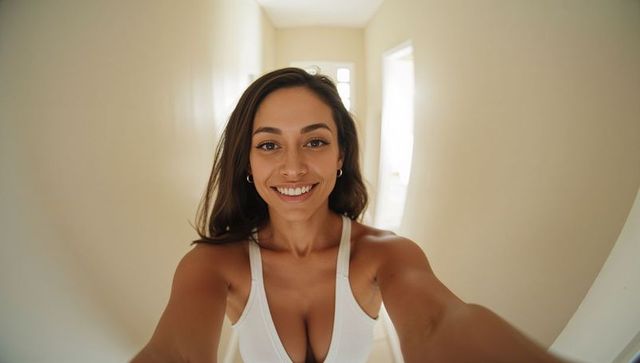 Smiling woman taking selfie in narrow cream hallway wearing white tank top and gold hoops