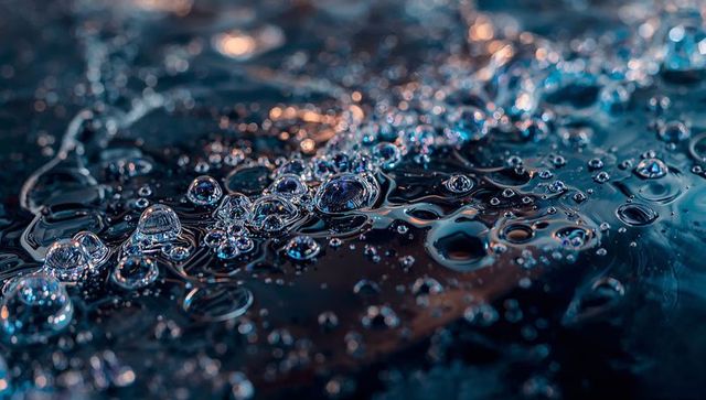 Macro shimmering bubbles on iridescent liquid surface with teal cyan reflections